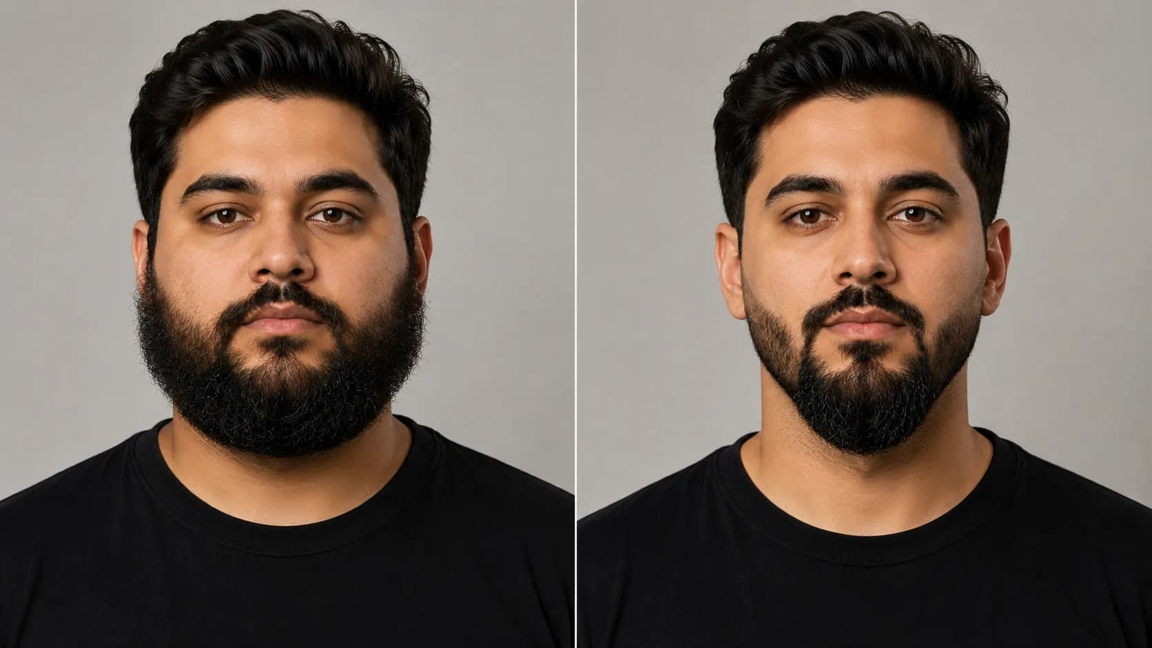 Before-and-after portrait of the same round-faced man showing a beard transformed from full and rounded to shorter sides with a longer squared chin for a slimmer appearance.