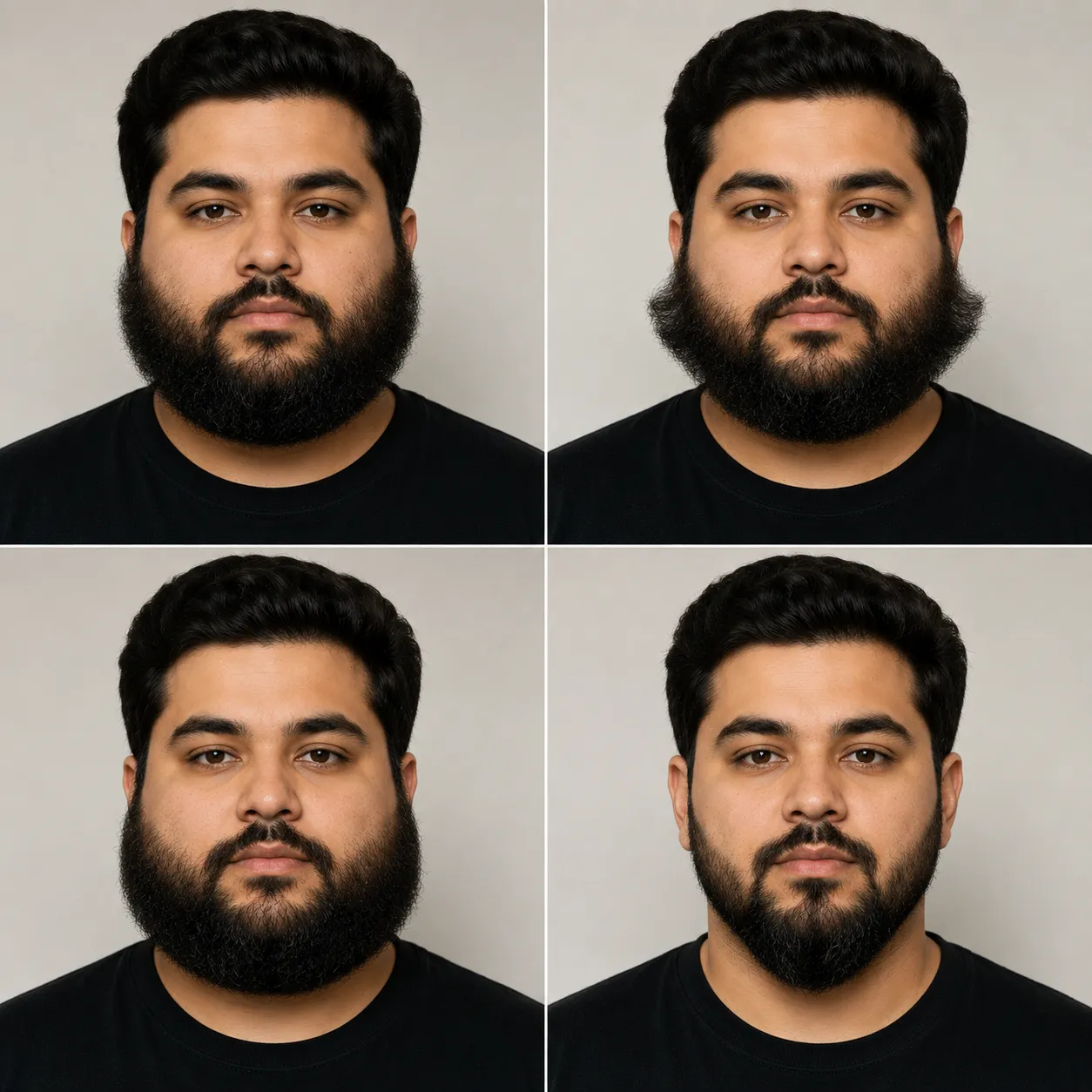 Four-panel comparison showing common round-face beard mistakes including bushy cheeks, puffy sideburns and a rounded bottom versus the correct tapered beard shape.
