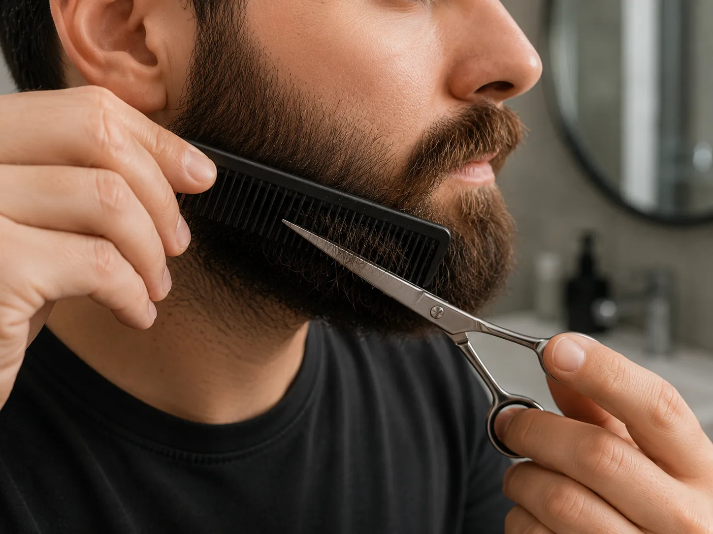 Close-up of a man using the scissor-over-comb technique to trim the side of his beard, with grooming scissors cutting hair extending past the comb teeth.
