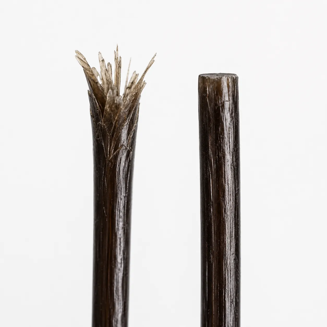 Macro comparison of two beard hairs showing a frayed split end cut with dull scissors beside a clean flat cut made with sharp grooming shears.