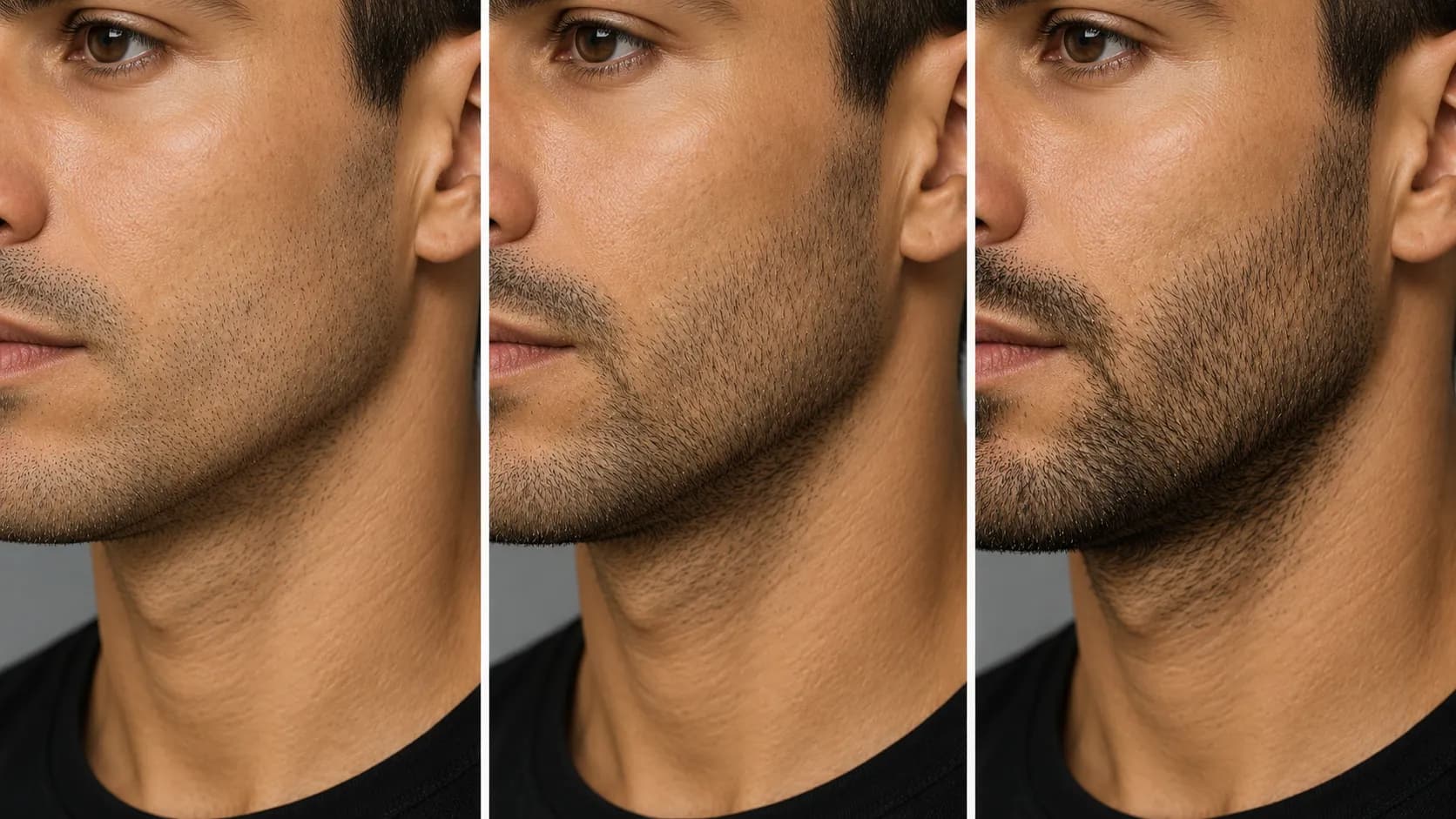 Side-by-side comparison of the same man's stubble beard at 1 mm, 3 mm, and 5 mm, showing how different beard lengths change jawline definition and overall facial appearance.
