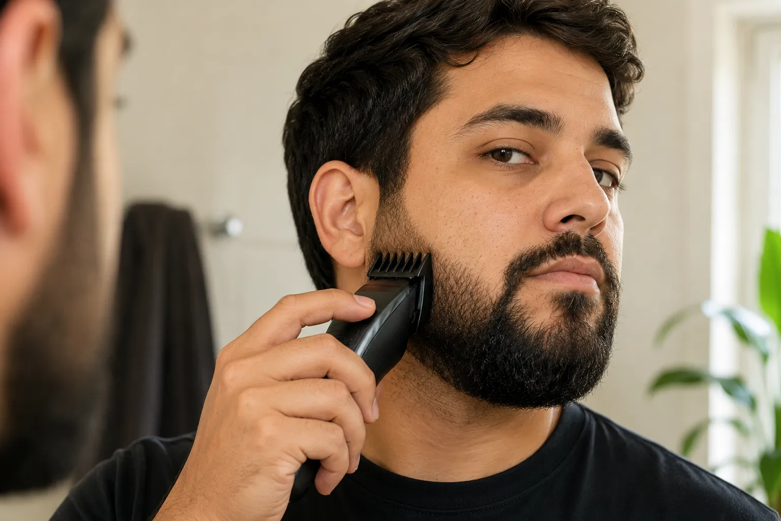 Man using a beard trimmer to taper the cheek of a round face, demonstrating shorter cheeks and a longer chin for a slimmer, more defined beard shape.
