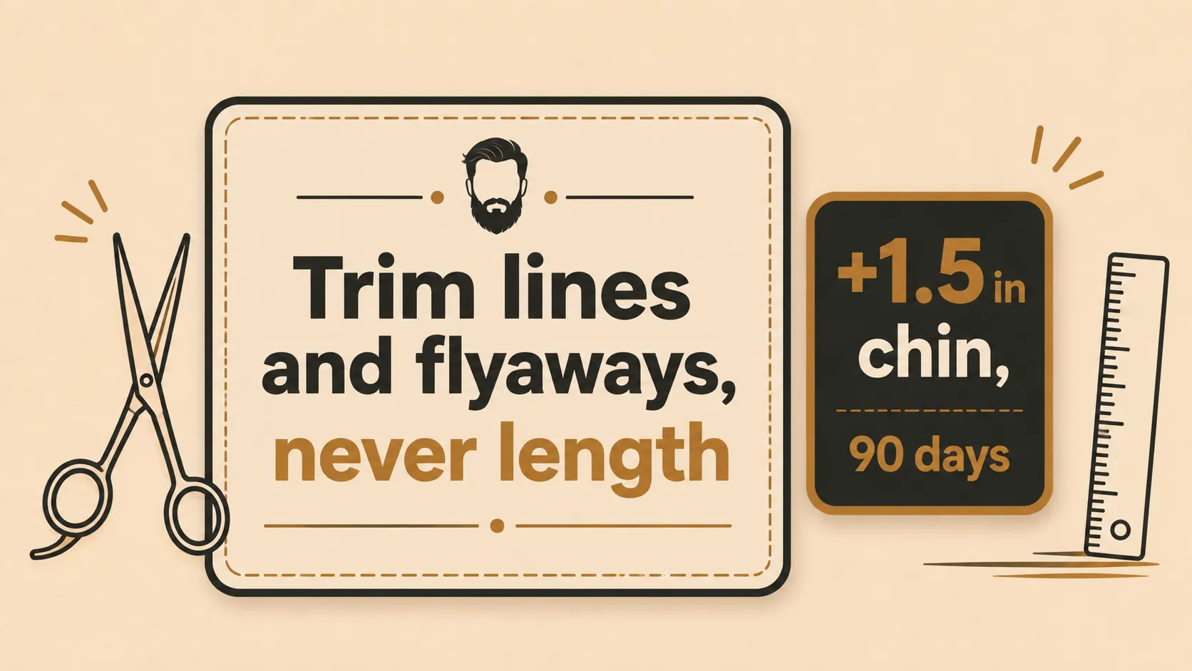 Infographic rule card showing “Trim lines and flyaways, never length” with a +1.5-inch chin growth over 90 days, plus scissors and ruler icons for beard grooming guidance.