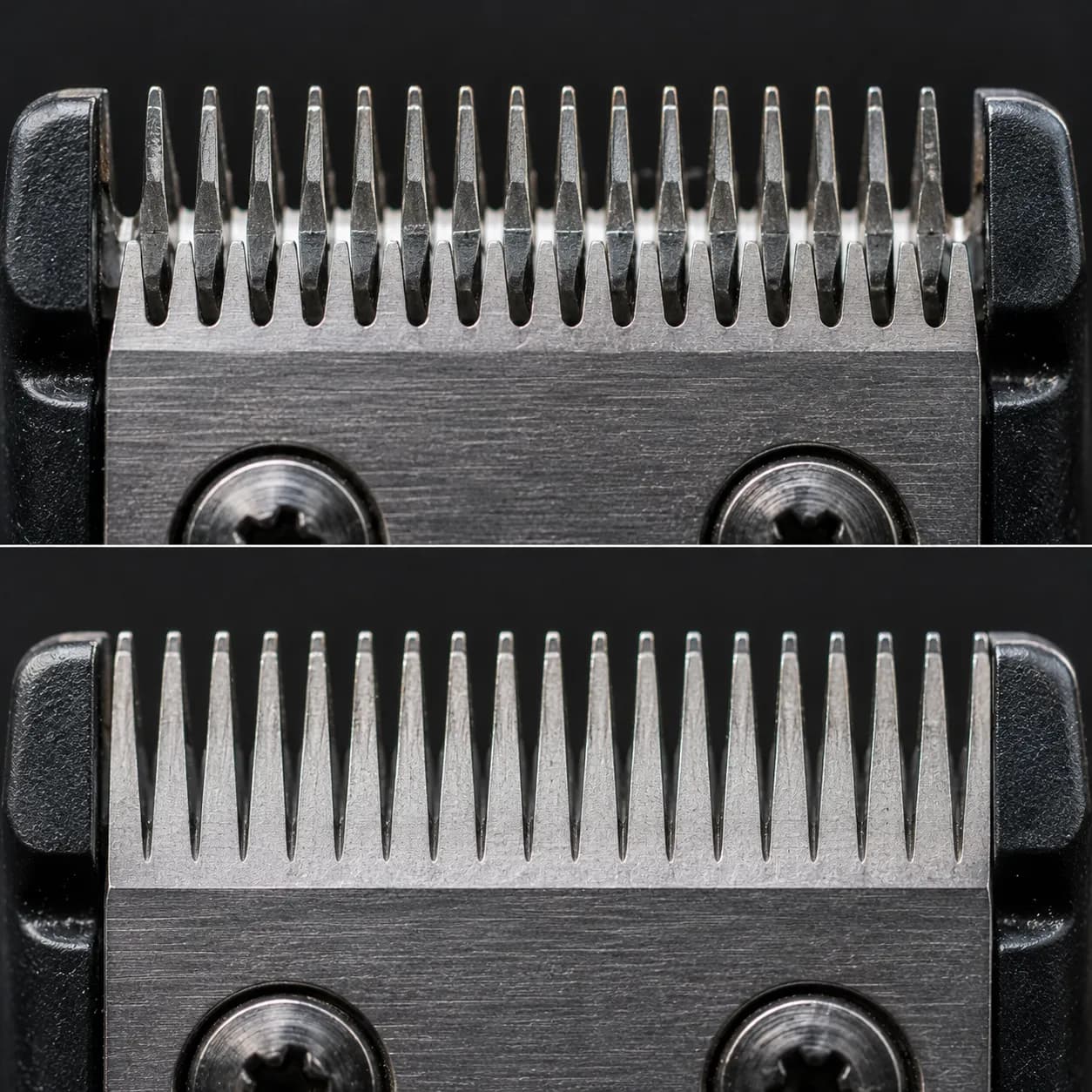 Macro comparison of a beard trimmer blade at the factory gap and after zero-gapping, showing blade tooth alignment and the reduced gap between fixed and moving teeth.
