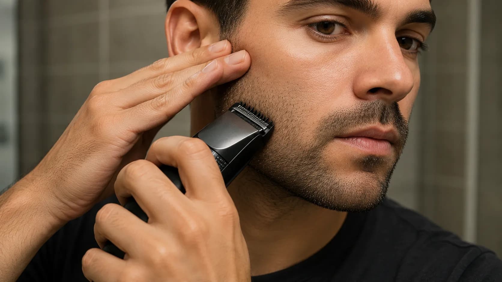 Man trimming medium stubble with an adjustable beard trimmer while stretching the skin on his cheek, demonstrating an even trimming pass for a clean, consistent beard length.