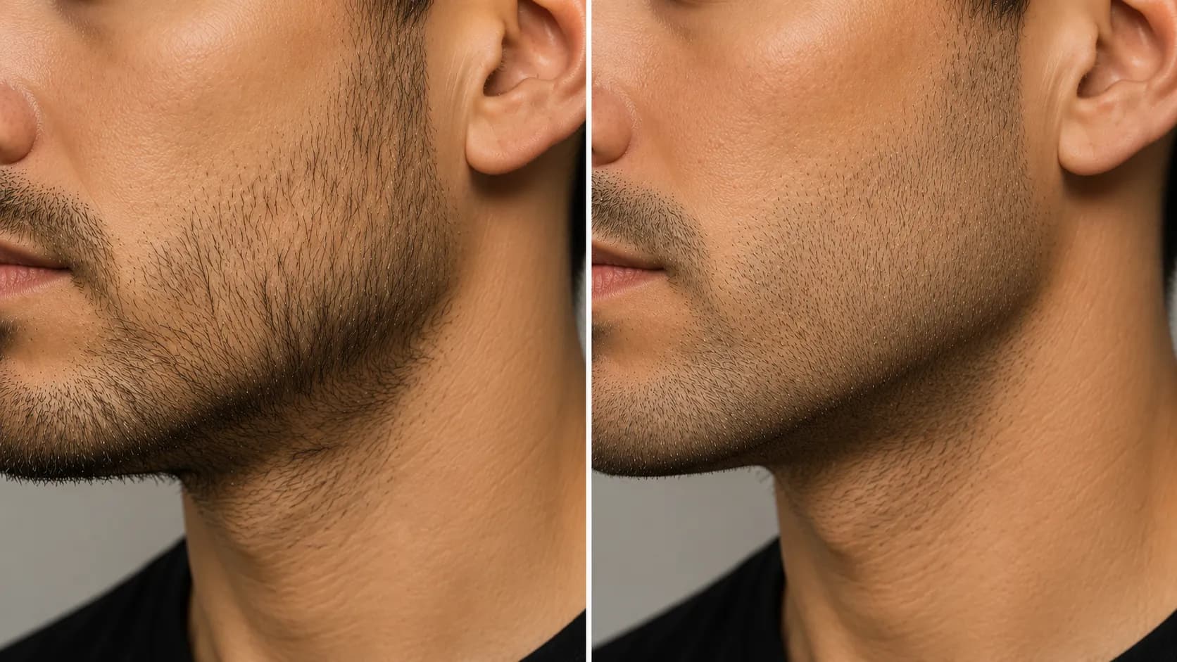 Before-and-after comparison of the same man's jawline showing uneven stubble corrected to an even beard length, highlighting a cleaner, sharper jawline with consistent trimming depth.
